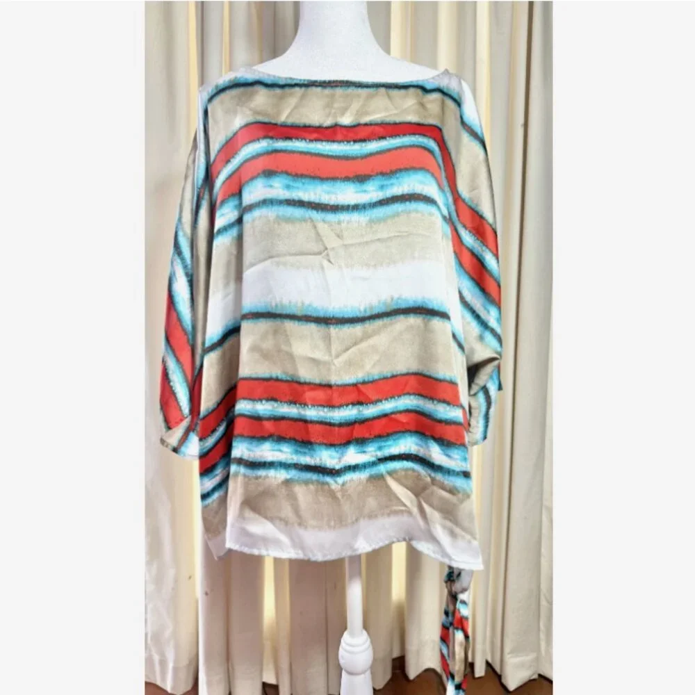 Vintage Michael Kors Plus Size 2X‎ Flowy Blouse Blue Orange Side Tie Boho Top
